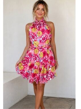 floral dress halter neck Black Floral Pleated Halter Neck Maternity Midi Dress main image 1